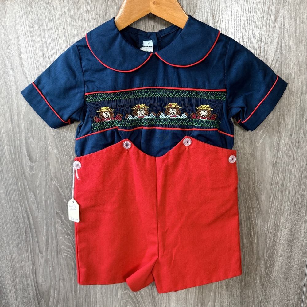 Hand Smocked by Norma L. Warhola 2pc Set Boys 4 Navy Red Country Bears Preppy